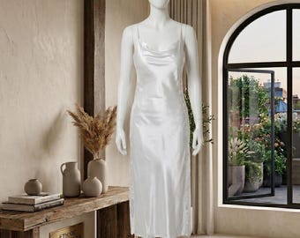 Elegant White Satin and Lace Slip Dress - Luxury Silk Nightgown for Women