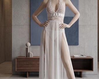Elegante camisón largo de encaje con escote halter y espalda descubierta - Pijama sexy de malla transparente con abertura alta para mujer