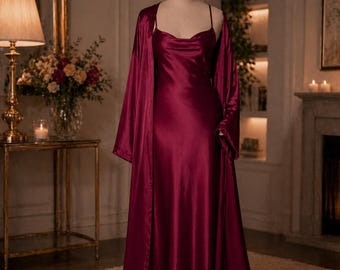 Conjunto de vestido lencero largo y bata de seda satinada – Elegante vestido de noche para mujer