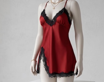 Pijama de satén para mujer con ribete de encaje - Camisón de seda sexy