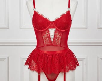 Conjunto de lencería de encaje con falda con volantes y ligueros - Body sexy para dormir para mujer
