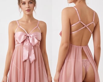 Babydoll etéreo de satén con lazo / Lencería de malla transparente con escote abierto / Camisón romántico de novia con tanga a juego