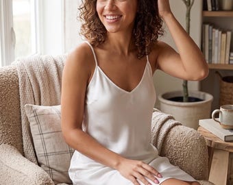 Camisón de lujo de seda satinada para mujer - Lencería sexy sin mangas con escote en V - Ropa de dormir suave