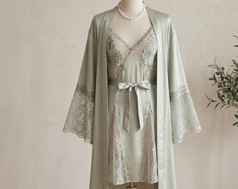 Conjunto de camisón y bata de satén de seda con bordado de encaje de lujo – Elegante lencería de dos piezas para dormir para mujer
