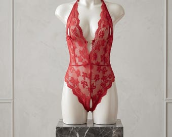 Elegance in Lace: Deep V-Neck Floral Embroidery Teddy Lingerie