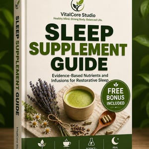 Könnte beinhalten: Ein Buch mit dem Titel Sleep Supplement Guide von VitalCore Studio mit weißem Einband, das eine grüne Tasse Tee, Lavendelzweige, Kamillenblüten und einen Holzlöffel mit Kapseln zeigt. Der Einband enthält Text über evidenzbasierte Nährstoffe.