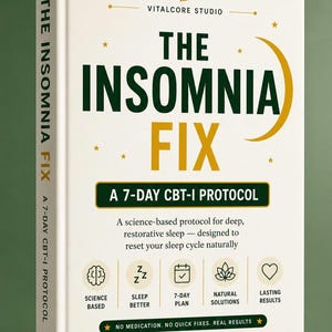 May include: A white book titled The Insomnia Fix: A 7-Day CBT-I Protocol by Vitalcore Studio. The cover features dark green and gold text, a crescent moon icon, and five circular icons representing science, sleep, planning, nature, and results.