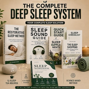 May include: A collection of books and accessories for a complete sleep system. The books include titles like "The Restorative Sleep Method" and "Sleep Sound Guide." Other items include a sleep sound machine, a candle, and a rolled-up green towel. The text reads "The Complete Deep Sleep System."