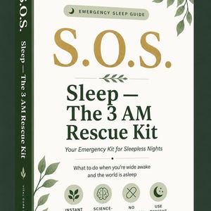 Könnte beinhalten: Ein weißes, rechteckiges Buch mit dem Titel S.O.S. Sleep - The 3 AM Rescue Kit in goldener und dunkelgrüner Schrift. Das Cover zeigt botanische Blattillustrationen, ein Mondsichel-Symbol und vier kreisförmige Icons mit den Beschriftungen Instant Relief, Science-Backed, No Medication und Use Tonight.