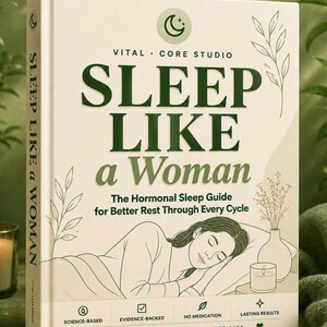 Può includere: Un libro con copertina rigida intitolato Sleep Like a Woman: The Hormonal Sleep Guide for Better Rest Through Every Cycle di Vital Core Studio. La copertina presenta uno sfondo color crema con testo verde scuro, un disegno al tratto di una persona che dorme e icone.