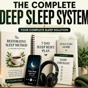 Może przedstawiać: Reklama kompletnego systemu snu. Na zdjęciu widoczne są książki, smartfon i słuchawki. Książki noszą tytuły "The Restorative Sleep Method" i "7-Day Sleep Reset Plan". Smartfon wyświetla ścieżkę audio "Deep Sleep". Widoczna jest również lista kontrolna snu.