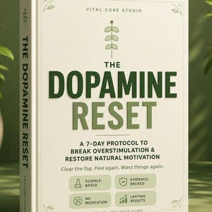 May include: A hardcover book titled The Dopamine Reset by Vital Core Studio. The off-white cover features dark green text, a leaf graphic, and the subtitle A 7-Day Protocol to Break Overstimulation & Restore Natural Motivation. Includes four feature boxes.