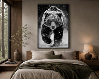 Black and White Bear Wall Art Print, Winter Grizzly Photography, Snow Wildlife Decor, Rustic Cabin Artwork