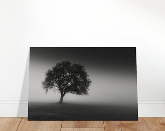 Black and White Tree Wall Art, Lone Tree Fog Print, Minimalist Nature Photography, Moody Landscape Decor