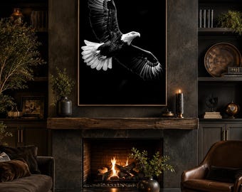 Wall Art Print Black and White Eagle, zeearend fotografie, decor patriottische dieren in het wild, minimalistische vogel canvas artwork