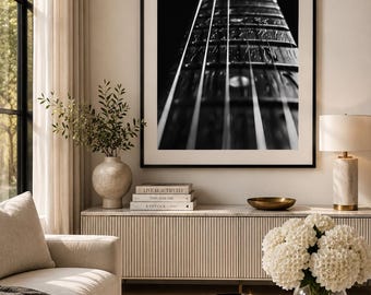 Black and White Guitar Wall Art, Guitar String Photography, Music Room Decor, Acoustic Guitar Print, Music Studio Wall Art
