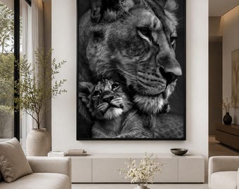 Black and White Lioness and Cub Wall Art Print, Safari Wildlife Decor, Lion Photography, Museum Grade Matte Print