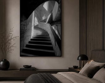 Black and White Staircase Wall Art, Modern Architectural Print, Luxury Minimalist Decor, Moody Contemporary Artwork