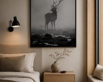 Black and White Deer Wall Art Print, Moody Stag Photography, Foggy Forest Wildlife Decor, Minimalist Nature Canvas Art