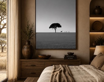 Minimalistische Afrikaanse safari muurkunst print, zwart-wit landschapsfotografie, acaciaboom decor, museumkwaliteit matte print