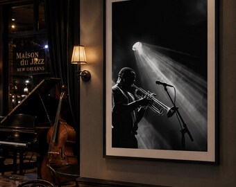 Arte de parede com trompete em preto e branco, fotografia de música jazz, impressão de músico, decoração para shows ao vivo, arte de parede moderna para clube de jazz.