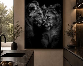 Black and White Lion Cubs Wall Art Print, Safari Nursery Decor, Wildlife Photography, Museum Grade Matte Print