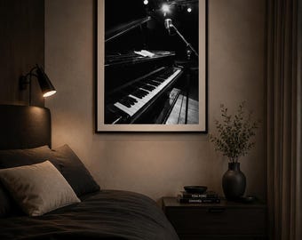 Black and White Jazz Piano Wall Art, Vintage Microphone Print, Music Studio Decor, Jazz Club Photography, Piano Room Art