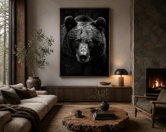 Stampa artistica da parete con orso in bianco e nero, fotografia di orso grizzly, decorazione rustica con animali selvatici, opera d'arte su tela con animali dall'atmosfera malinconica