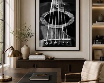 Black and White Guitar Wall Art, Acoustic Guitar Photography, Music Studio Decor, Minimalist Music Print, Museum Matte Poster