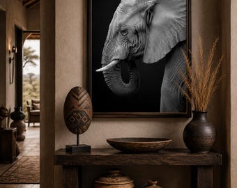 Black and White Elephant Wall Art Print, African Wildlife Photography, Minimalist Safari Decor, Modern Canvas Artwork