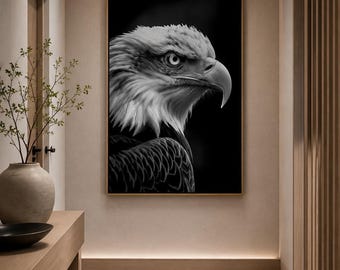 Black and White Eagle Wall Art Print, Bald Eagle Portrait Photography, Patriotic Wildlife Decor, Modern Canvas Artwork