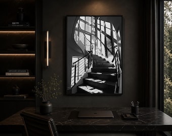 Art mural escalier noir et blanc, impression d'architecture moderne, décoration minimaliste de luxe, oeuvre d'art contemporaine pour le bureau