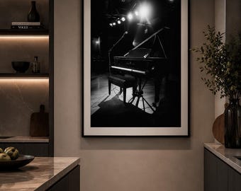 白黒のグランドピアノの壁アート、ジャズステージの写真、音楽スタジオの装飾、ピアノ演奏のプリント、モダンな音楽の壁アート