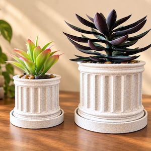 May include: Two cylindrical planters with vertical fluted detailing and matching saucers. The smaller planter holds a green succulent with reddish tips, while the larger planter contains a dark purple succulent. Both pots have a speckled beige finish.