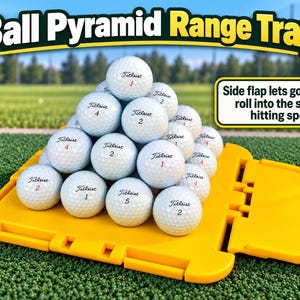 May include: A yellow plastic golf ball pyramid range tray holding a stack of white Titleist golf balls. The tray features a side flap for rolling balls into a hitting spot. Text reads: Ball Pyramid Range Tray and Side flap lets golf balls roll into the same hitting spot.