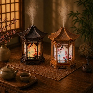 May include: Two decorative pagoda-style essential oil diffusers. One is dark brown, the other is light brown. Both have a floral design on the inside and emit a vapor. The diffusers sit on a wooden table with tea set.