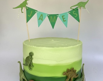 Personalised Dinosaur Bunting Cake Topper: Green Glitter Name, Dinosaur Birthday.