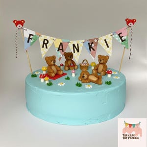 以下が含まれることがあります： FRANKIEと書かれたペナントバナーが飾られた水色のケーキ。茶色のテディベアのフィギュア4体、ミニチュアのピクニックバスケット、緑の芝生の上に散らばった小さな赤と白のキノコがトッピングされています。