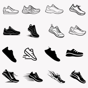 May include: Sixteen black and white illustrations of trainers and running shoes. The images show various styles of footwear, including detailed line drawings and silhouettes, suitable for athletic activities.