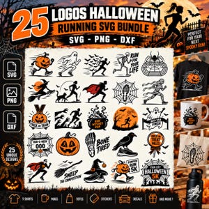 May include: A digital bundle of 25 Halloween-themed running graphics in SVG, PNG, and DXF formats. The collection features black and orange illustrations of pumpkins, ghosts, skeletons, and runners, with text like Run For Your Life and Trick or Train.