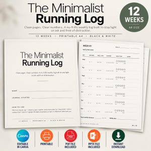 Könnte beinhalten: Ein schwarz-weißes, druckbares Lauftagebuch mit dem Titel The Minimalist Running Log. Das Dokument enthält ein Deckblatt mit Anweisungen und eine wöchentliche Tracking-Seite mit Spalten für Distanz, Tempo, Zeit, Wetter und eine Bewertungsskala von 1 bis 5.