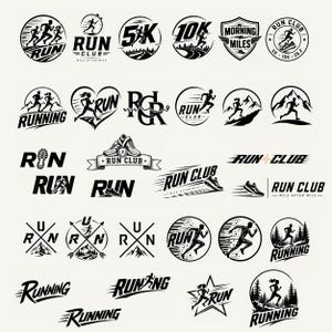 Puede incluir: Una colección de logotipos gráficos en blanco y negro con temas de carrera, que incluyen siluetas de corredores, zapatillas, montañas, bosques y texto como RUN, RUN CLUB, 5K, 10K y MORNING MILES, dispuestos en una cuadrícula sobre fondo blanco.