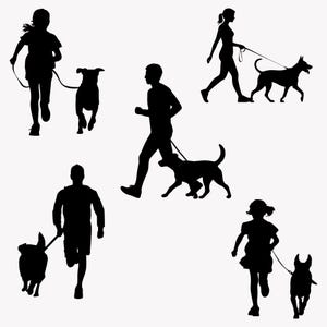May include: Black silhouettes of people walking and running with dogs on leads. The image shows various figures, including children and adults, engaged in outdoor activities with their pets. The dogs are of different breeds.