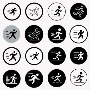 May include: A collection of sixteen running man icons in black and white, each within a circular frame. The designs vary, with some solid and others outlined, and some with speed lines.