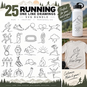 Può includere: Una collezione digitale di 25 disegni di corsa a linea singola in formato SVG. Il set grafico include icone di corridori, scarpe, montagne, medaglie e borracce. Esempi mostrano i disegni applicati su una borraccia bianca e una maglietta.