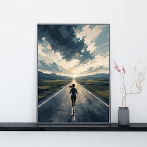 May include: A framed wall art print depicting a runner on a long, straight road stretching towards a horizon under a dramatic, cloudy sky with shades of blue, cream, and dark grey. The runner is centred, moving forward through a landscape.