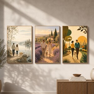 Peut inclure: Un ensemble de trois impressions d'art mural rectangulaires présentant des scènes illustrées. La première montre un couple et un chien au bord d'un lac, la deuxième un couple et un chien dans un champ de lavande, et la troisième un parc urbain.