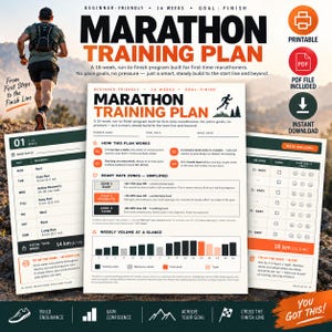 Könnte beinhalten: Ein 16-wöchiger Marathon-Trainingsplan mit einem wöchentlichen Zeitplan, einem Leitfaden für Herzfrequenzzonen und einem Volumen-Diagramm. Das Dokument enthält Abschnitte für den Namen des Läufers, das Zielrennen und das Renndatum.