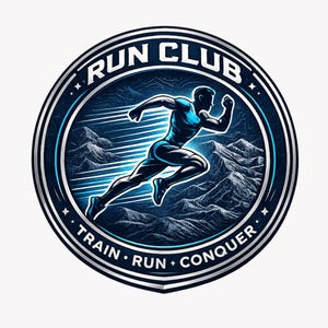 Peut inclure: Un emblème circulaire avec un coureur bleu devant un paysage montagneux. Les mots "RUN CLUB" sont en haut, avec "TRAIN • RUN • CONQUER" en bas. Le design est en nuances de bleu et blanc, avec une bordure argentée.