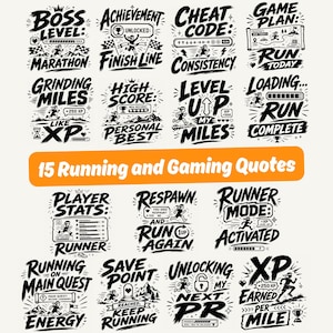 Peut inclure: Une collection de 15 motifs graphiques en noir et blanc sur le thème de la course et du jeu vidéo, avec des textes comme Boss Level, Achievement Unlocked, Cheat Code, Game Plan, Grinding Miles, High Score, Level Up, Loading et Player Stats.